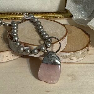 Chic Silver and Pink Rose Quartz Pendant Necklace
